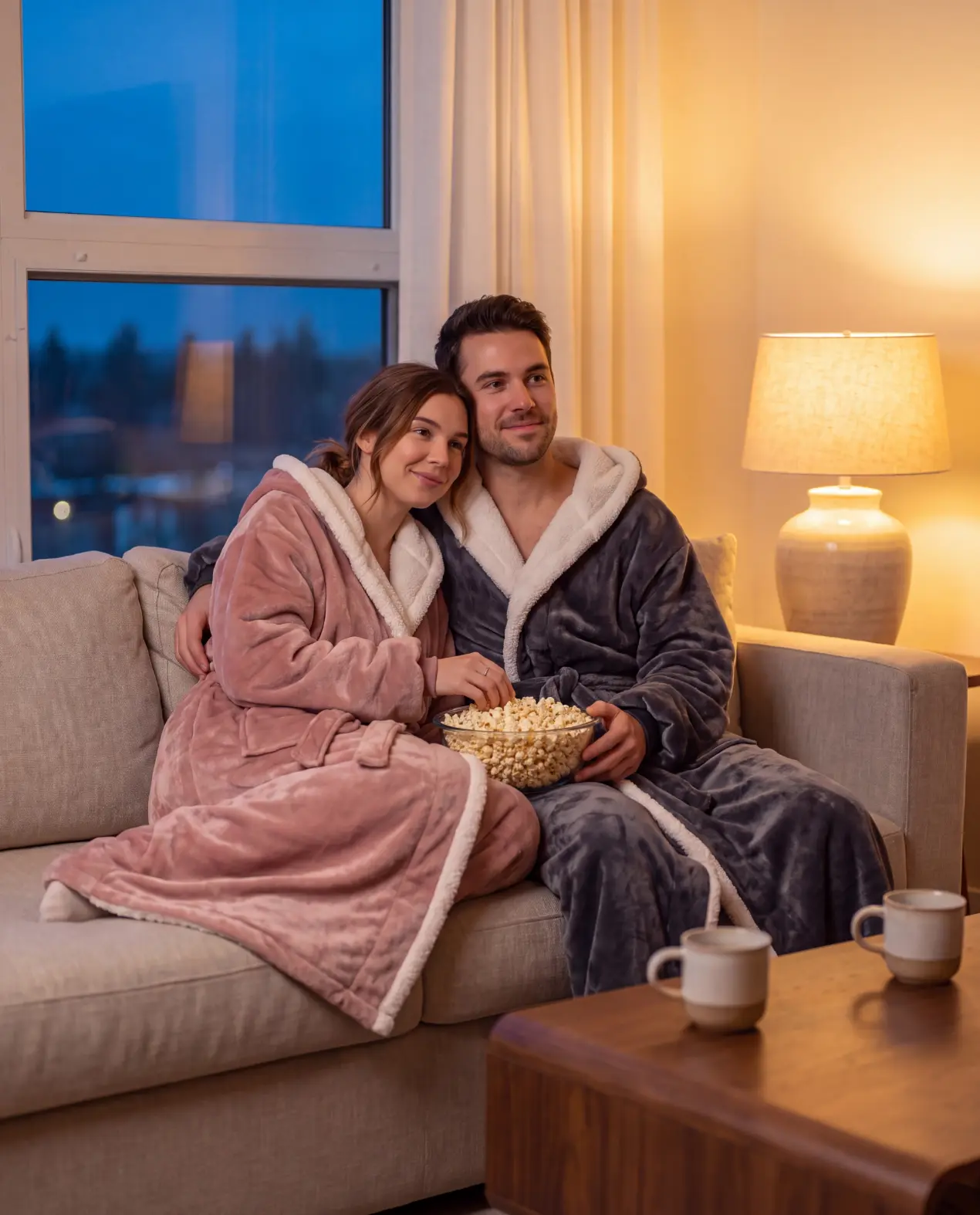 Cozy evening on the sofa with heated blanket