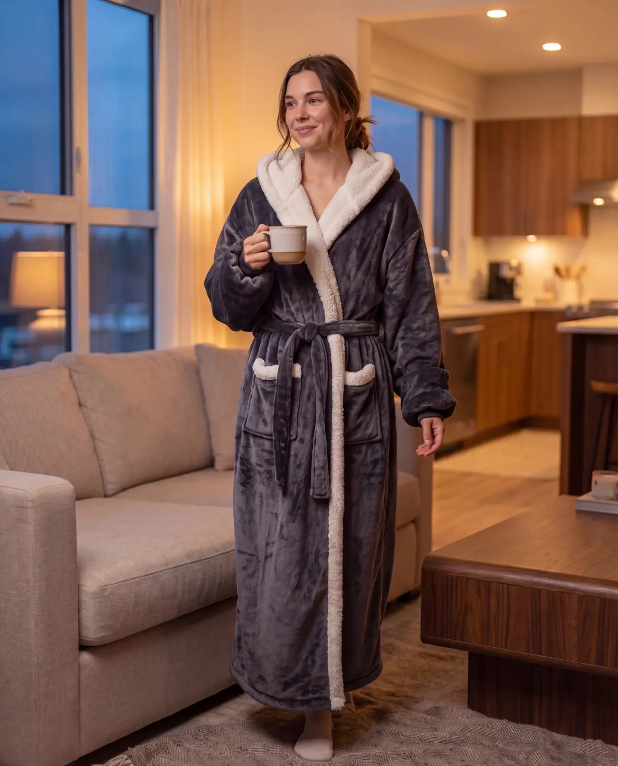 Woman in robe having morning coffee